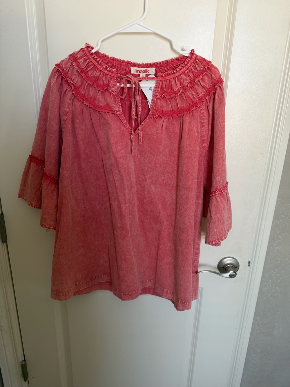 Mazik Washed Coral Ruffled Peasant Tunic
